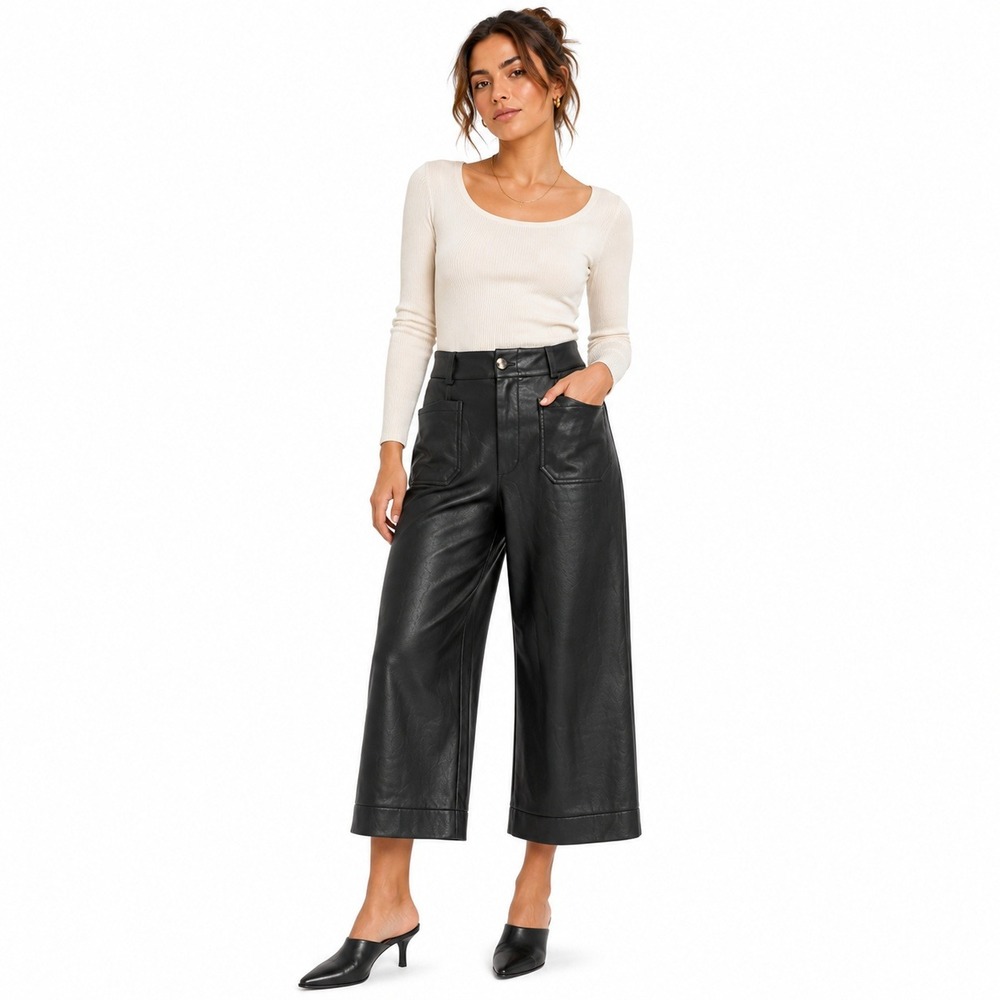 Maeve The Colette Pants Women 32 Black Faux Leather Wide Leg High Rise Pocket